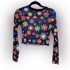 Sheer Black Mesh Rainbow Flowers Floral Printed Top Size Small Multicolor